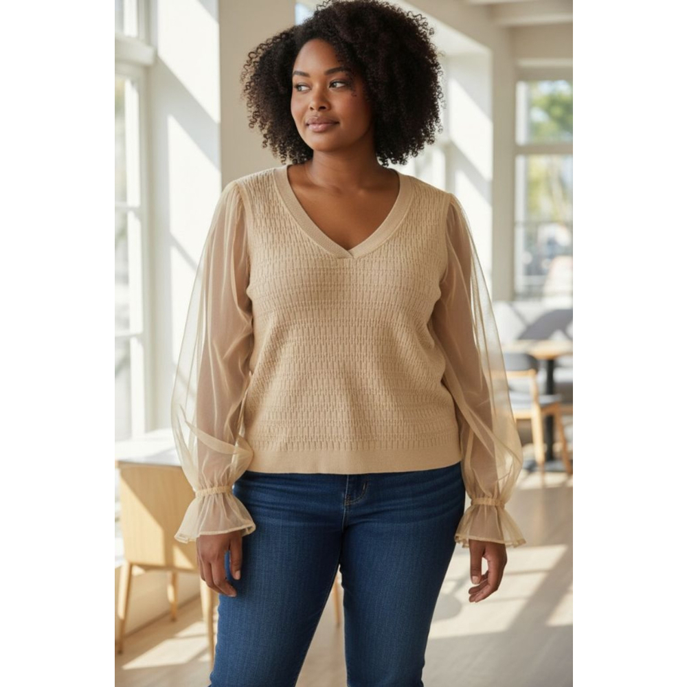 Maeve by Anthropologie Beige V-Neck Sweater with Sheer Sleeves 2X